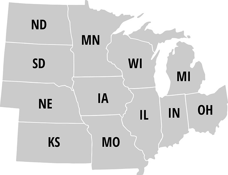 Map of the U.S. States covered by Br!NK, Renaissance Theaterworks' New Play Development Festival for women playwrights from the Midwest