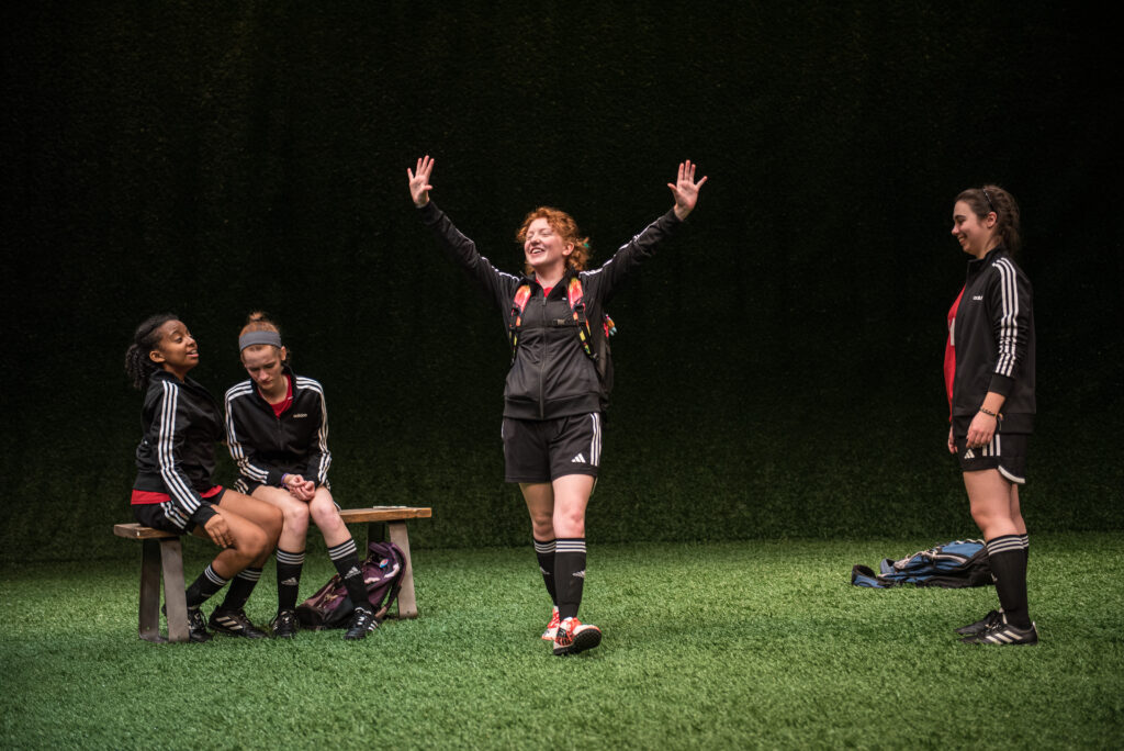 Madison Jones as #2, Natalie Ottman as #8, Josie Van Slyke as #13 and Maya Thomure as #11 in Renaissance Theaterworks’ production of THE WOLVES by Sarah DeLappe.  Photo by Ross Zentner.
